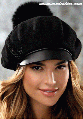 Авангарден черен каскет с красив естствен помпон от лисица- марка Willi модел Birona 